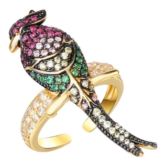 Gold Multi-Color Round Cubic Zirconia Micro-Pavé Set Perched Parrot Ring - Picture 3 of 6